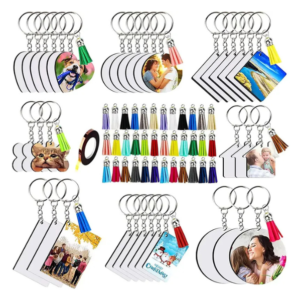 36 ensembles de Sublimation vierges, ensembles de 8 formes vierges, anneau porte-clés à pompon, adapté à l'artisanat de bricolage